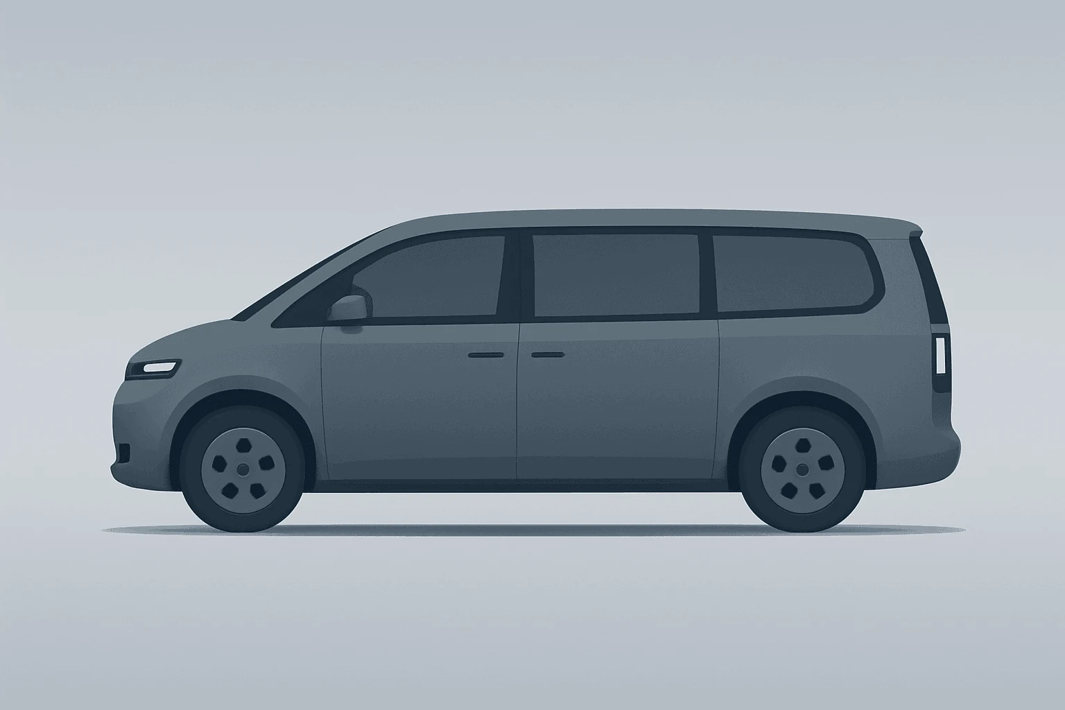 Flat vector of a purpose-built electric minivan evoking Waymo Ojai robotaxi, highlighting roomy cabin and serviceability.