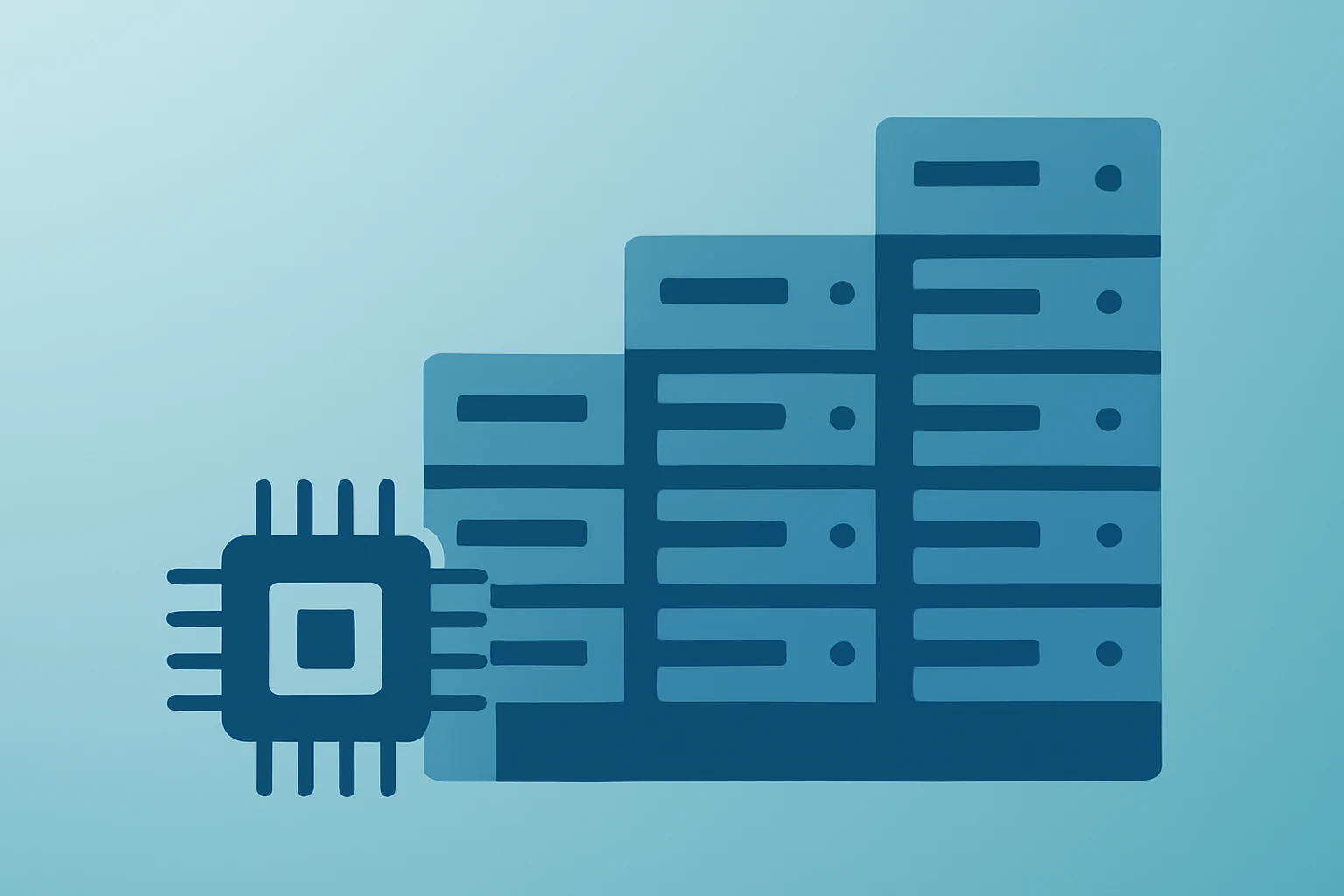 Flat filled vector of a single data-center server chip swelling to form a dense rack, evoking Arm AGI CPU.