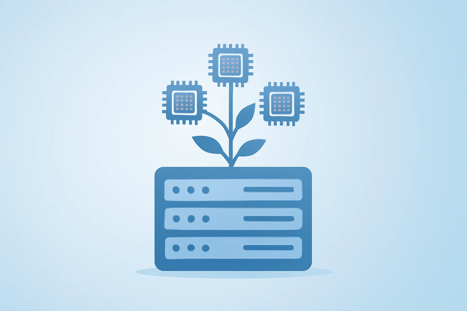 Flat vector of a server rack sprouting silicon tiles to symbolize Meta AI chips roadmap and data-center expansion.