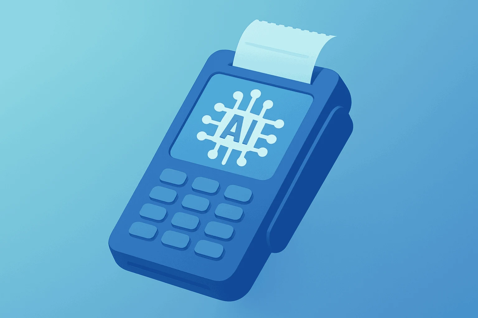 Flat vector of a checkout terminal with consolidating AI circuit symbolizing PayPal earnings reorganization and $1.5B AI cuts.