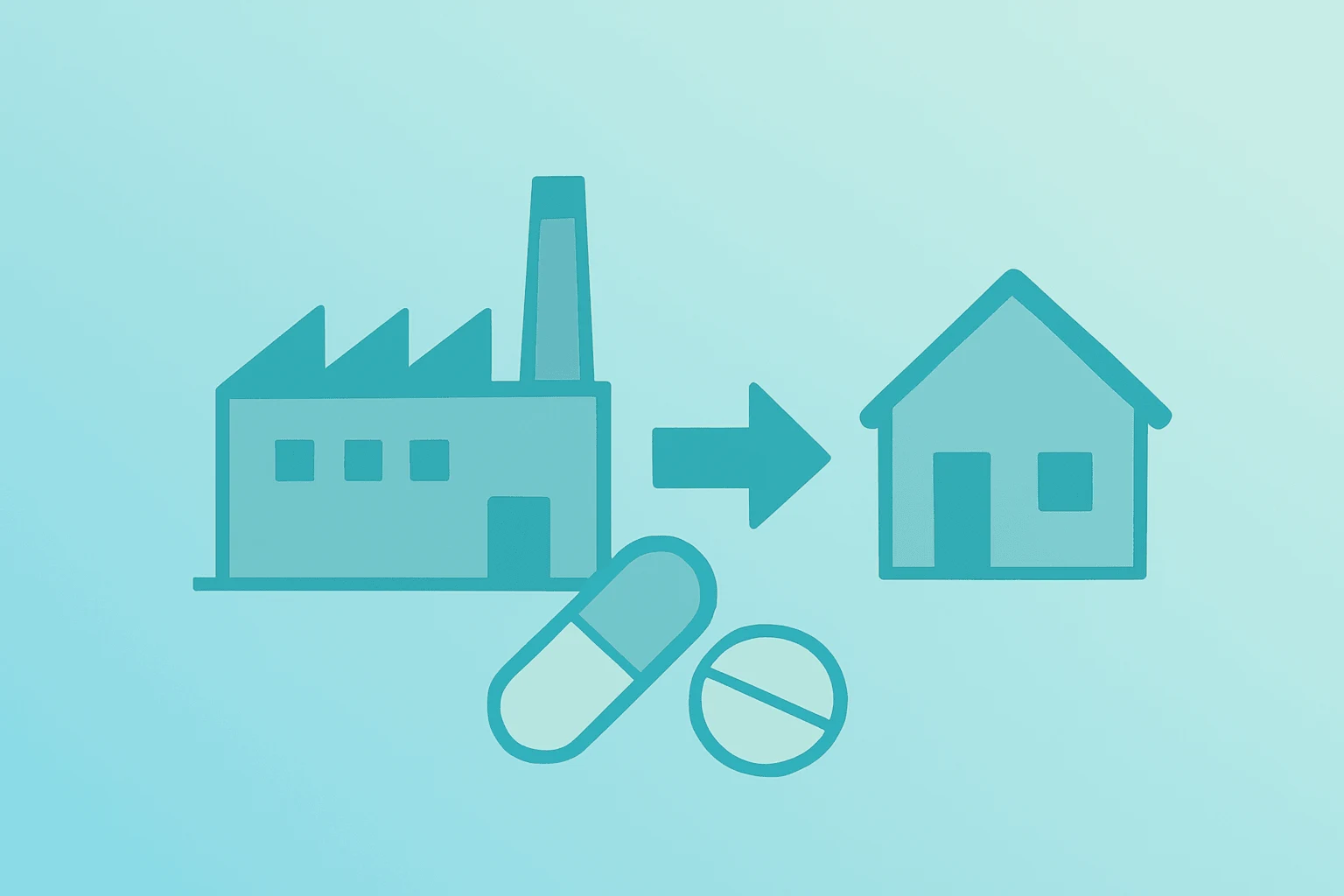 Flat vector of a drug plant fused with a shipping crate to symbolize Trump pharmaceutical tariffs and onshoring.