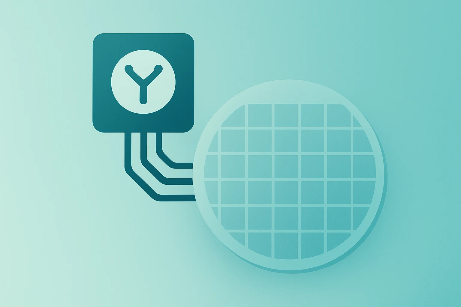 Flat vector of a chip melding with a fab module to illustrate IonQ acquires SkyWater and added foundry capacity.