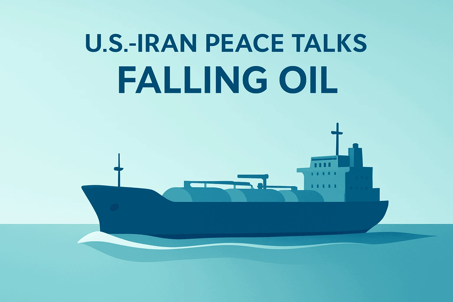 Flat vector of an oil tanker fused with a minimal stock motif to symbolize U.S.-Iran peace talks and falling oil prices