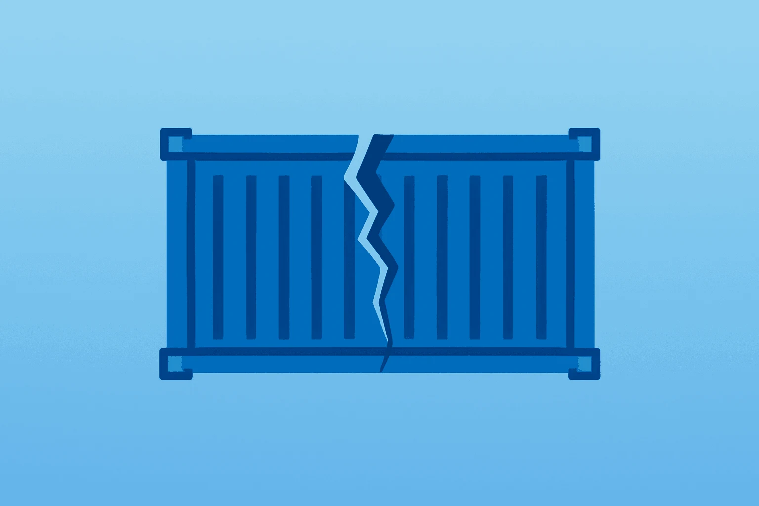 Flat vector of a stylized freight container and broken trade bridge symbolizing tariffs on Canadian goods and strained cross border trade.
