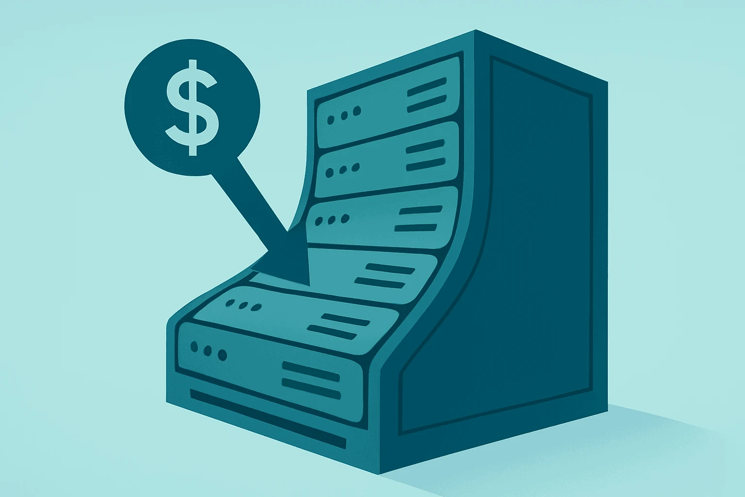 Flat-vector server rack under expanding compute load with a subtle funding band reflecting Alphabet Q2 results.