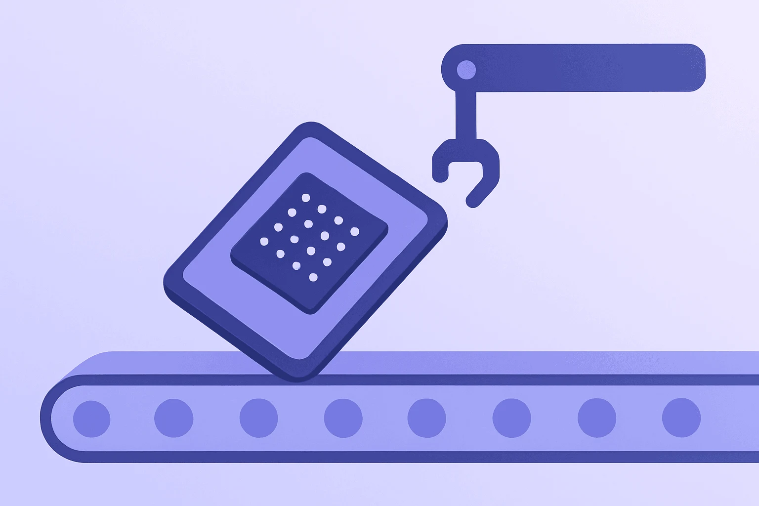 Flat vector of a smartphone chip and factory tooling on a smooth emerald-pearl gradient for OpenAI Qualcomm partnership.