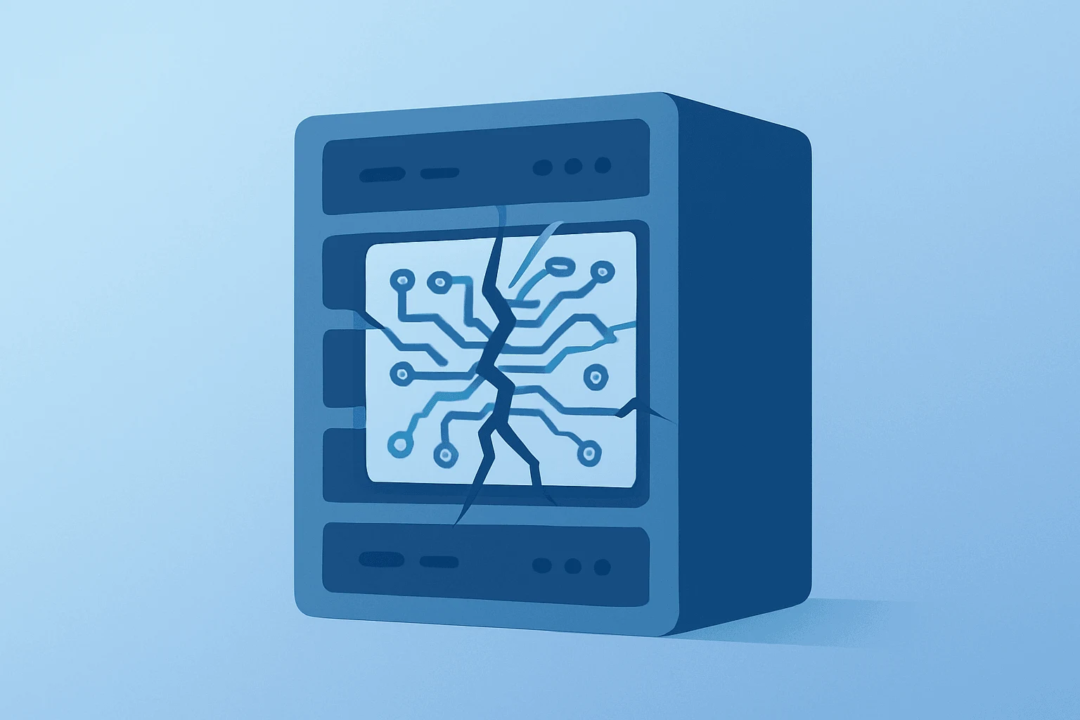 Flat centered vector of a server rack with a fractured circuit board, symbolizing Nvidia Kyber delay on a violet-mist gradient