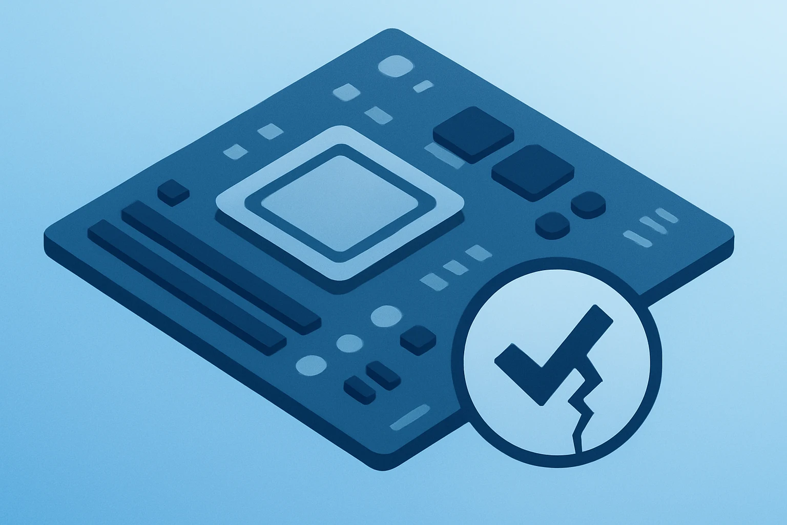 Flat filled vector of a motherboard with cracked compliance seal symbolizing governance risk from Super Micro indictment.