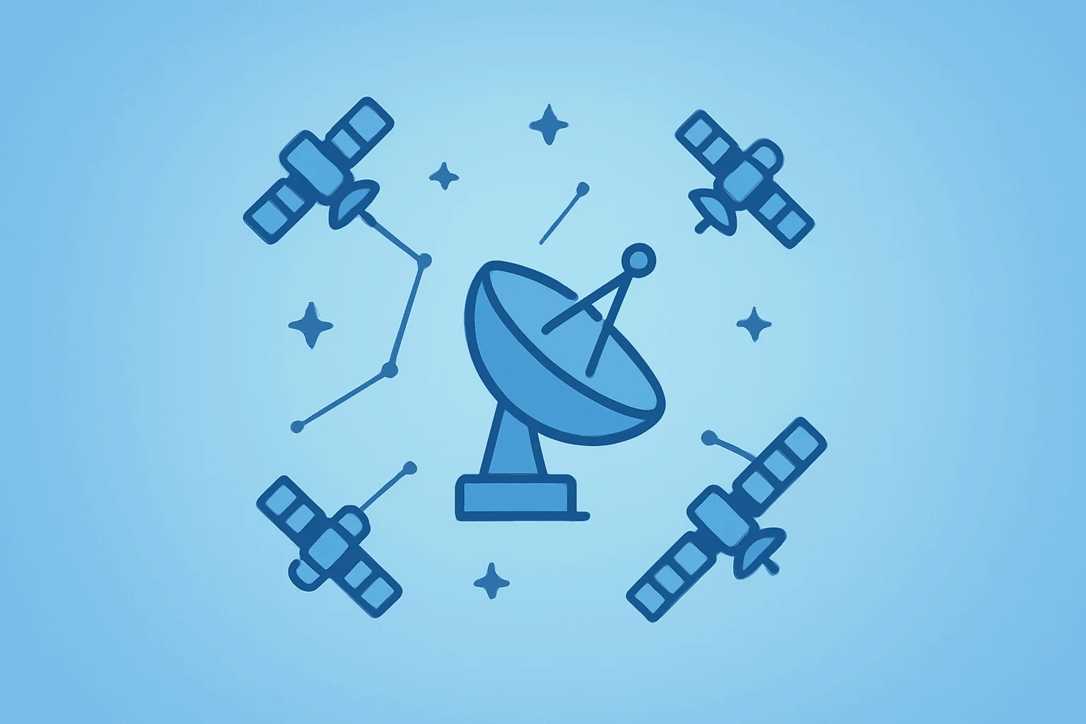 Flat vector satellite cluster merging with a network hub to symbolize the Amazon Globalstar acquisition and Leo D2D push.