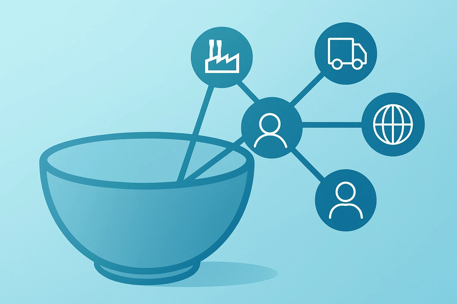 Flat vector of a mixing bowl expanding networks symbolizing the Ingredion Tate & Lyle takeover and dividend terms.