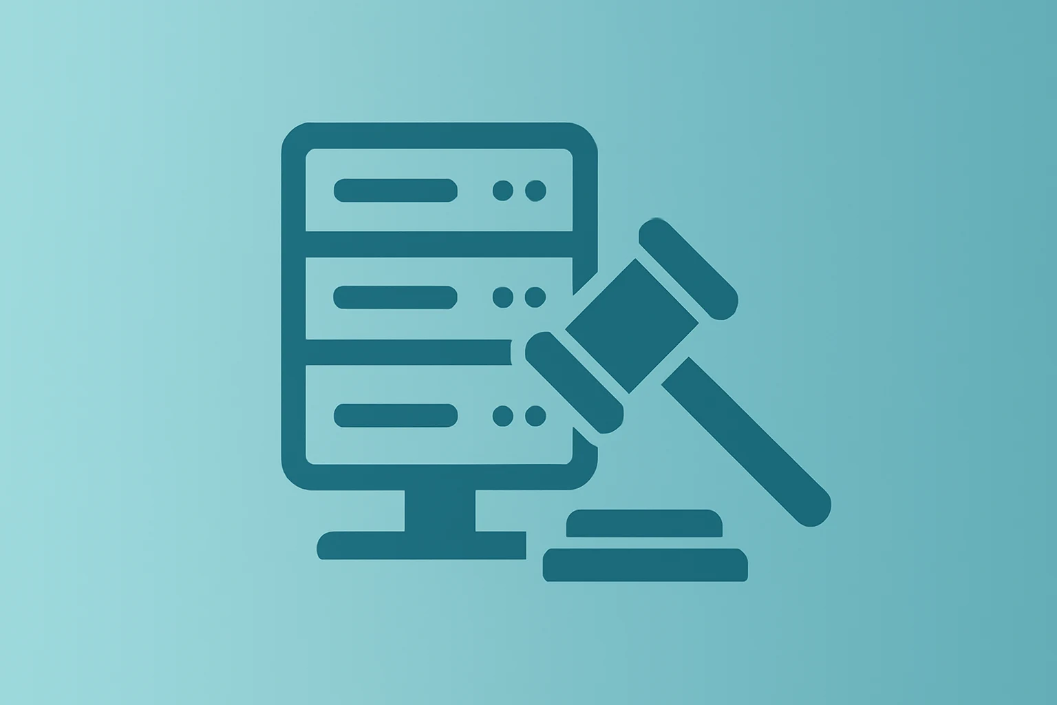 Flat vector of a server and stylized courthouse gavel representing the Meta antitrust ruling and easing regulatory risk.