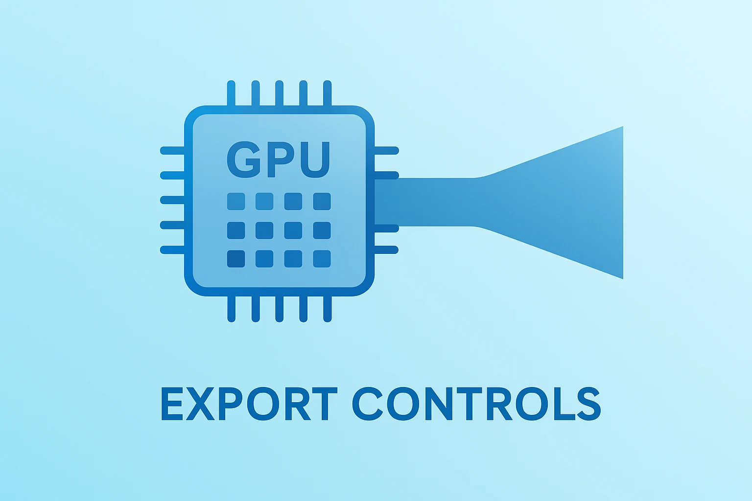 Flat filled vector showing a GPU chip narrowing into a constricted conduit to symbolize Nvidia export controls and supply tightening.
