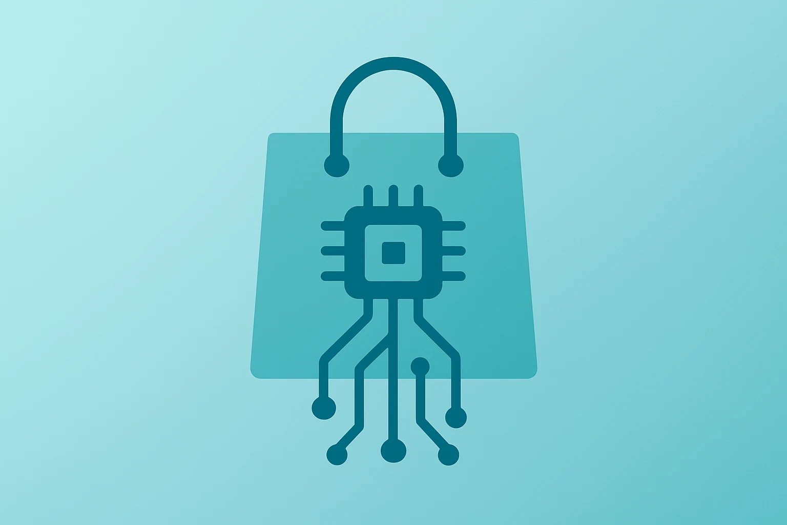 Flat vector of a chip fused with a shopping bag to symbolize Alphabet stock's AI enterprise push and Shopee partnership.
