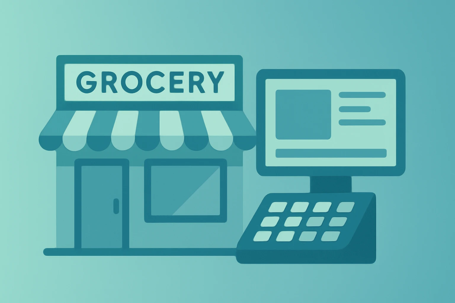 Flat vector grocery facade fused with an operations console to symbolize Kroger Names Greg Foran CEO and operational focus.