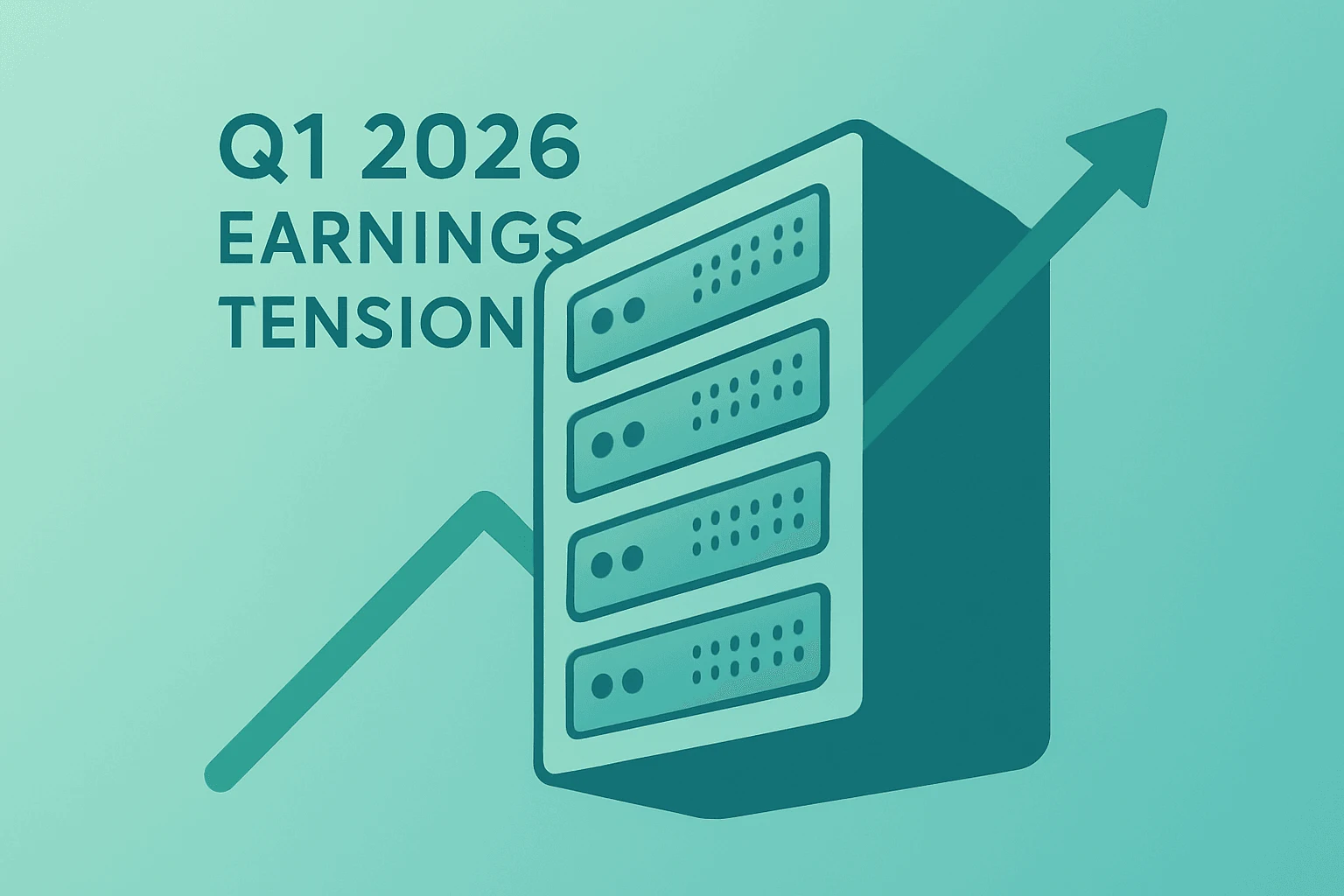 Flat-vector server stack with chip pods symbolizing Meta Q1 2026 earnings tension between ad growth and AI CapEx.