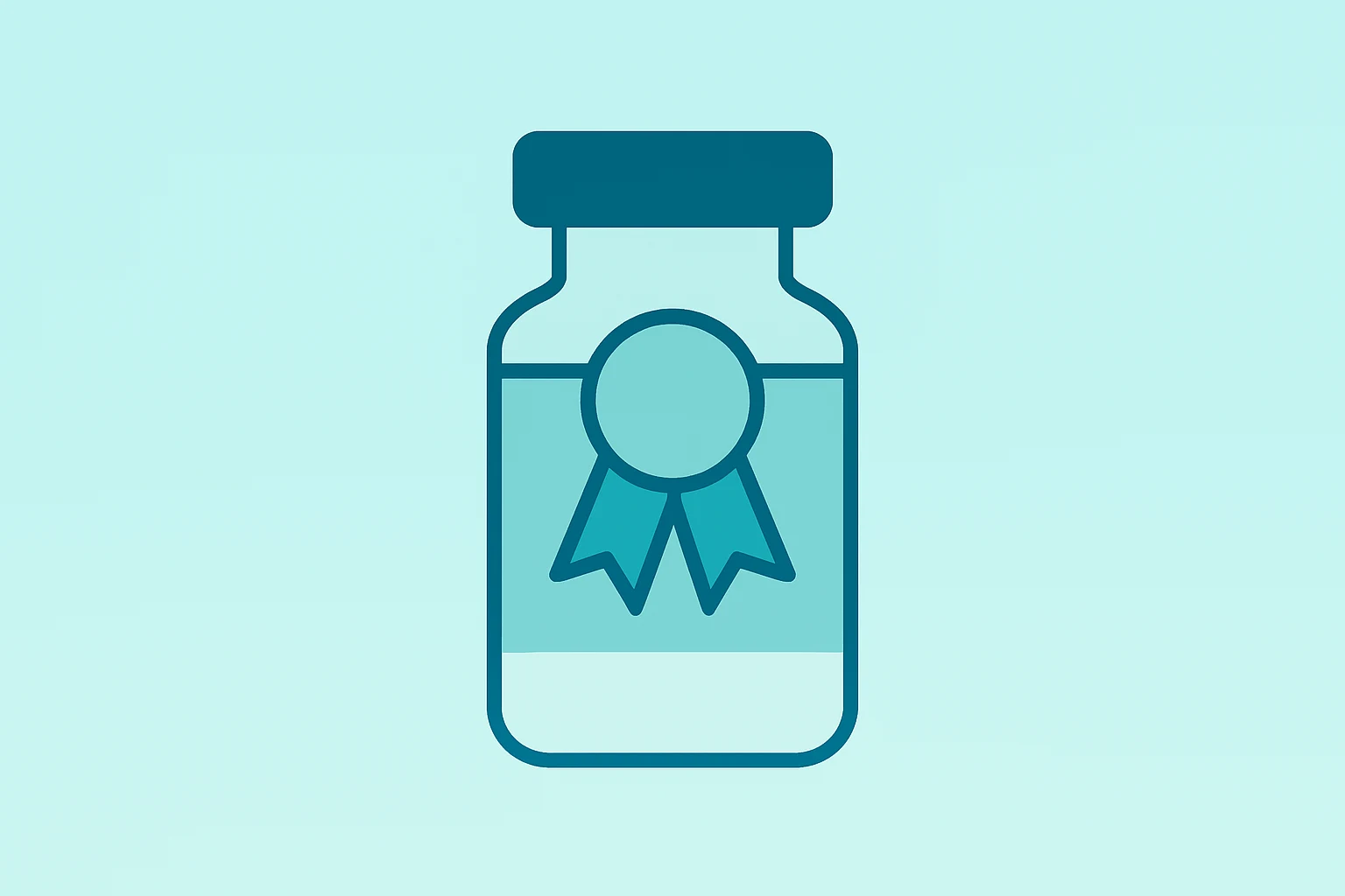 Centered flat-vector drug vial with a fraying royalty ribbon representing the GSK AnaptysBio lawsuit and royalty risk.