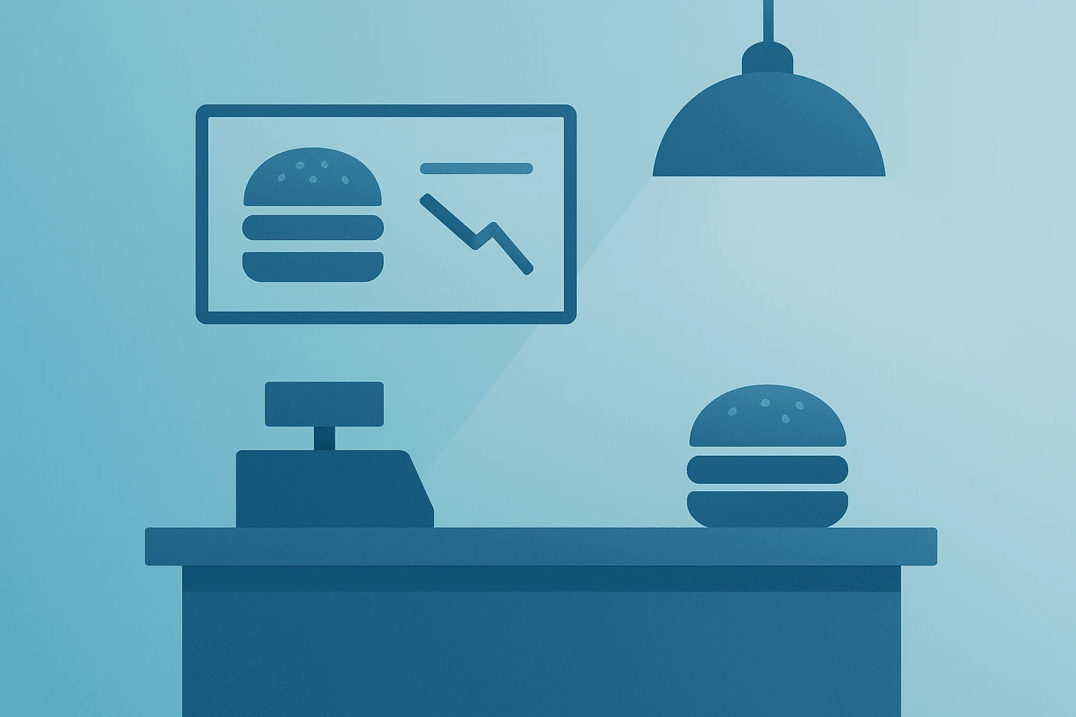 Flat vector of a stylized restaurant counter with dimmed light symbolizing Shake Shack Q1 results miss and margin pressure.