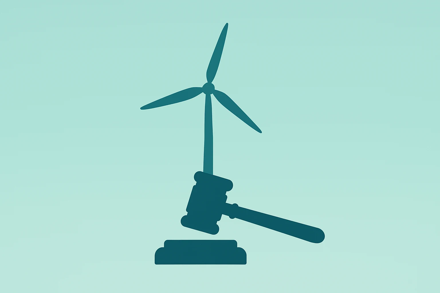 Flat filled vector of a turbine paired with a gavel suggesting Revolution Wind's injunction and construction restart.