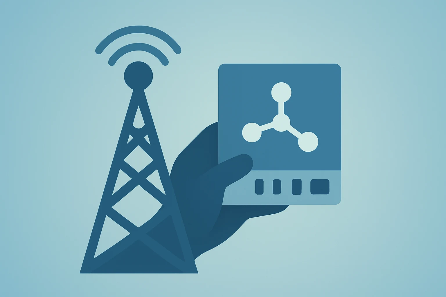 Flat vector of a broadcast tower joining a network module to symbolize Sinclair Buys Stake in Scripps and merger pressure.