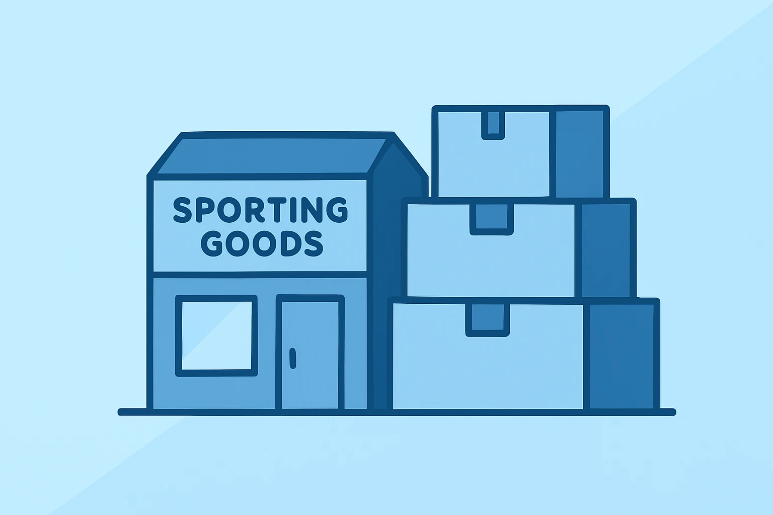 Flat vector sporting-goods storefront merged with inventory blocks, symbolizing Dick's Sporting Goods earnings.