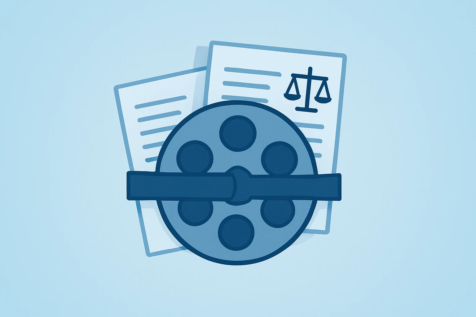 Flat vector of a studio reel fused with a cash block for the Netflix all-cash bid amid Paramount legal and proxy fight.