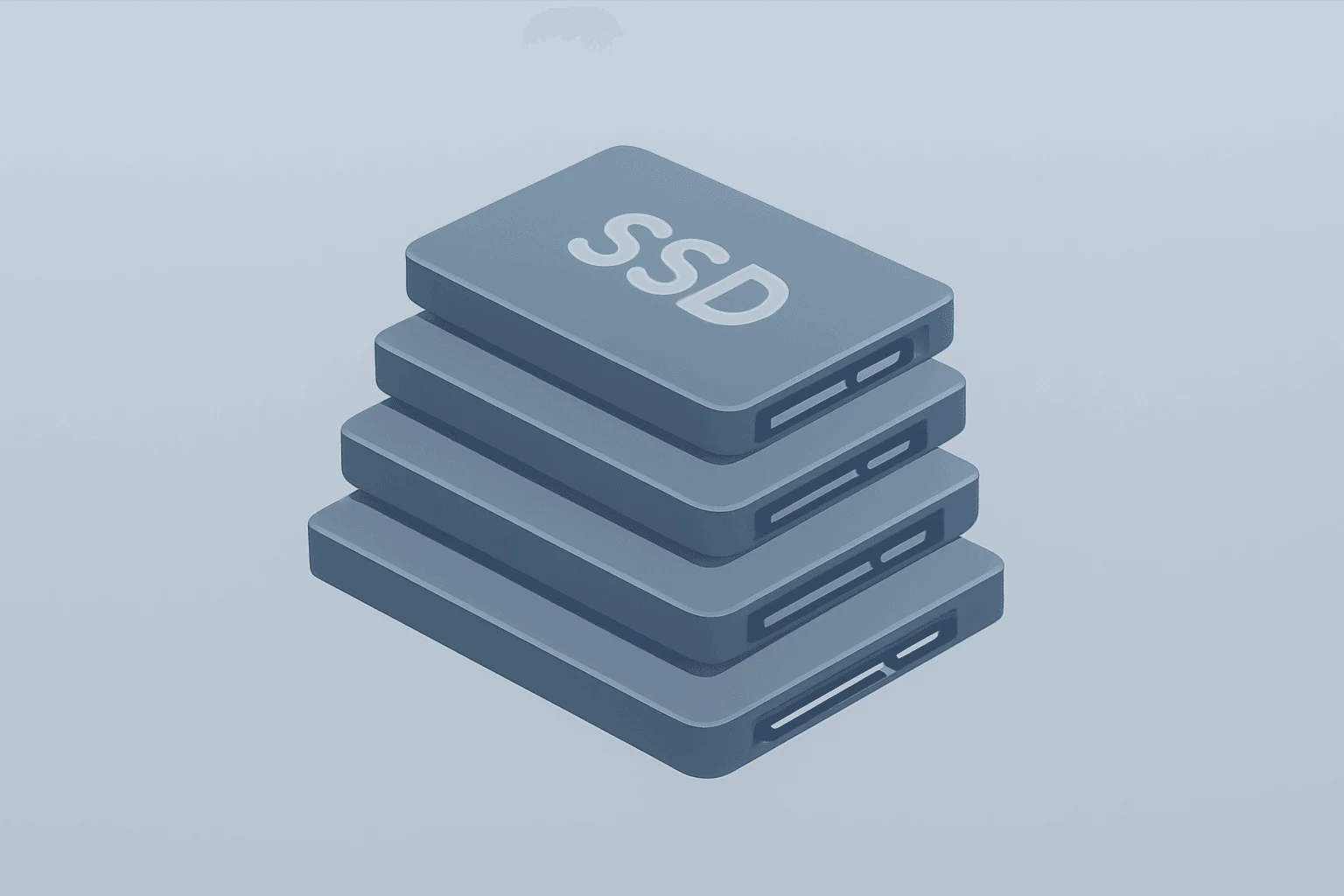 Stacked SSD modules expanding capacity on graphite-frost gradient, reflecting SanDisk stock upgrades and NAND supply debate.