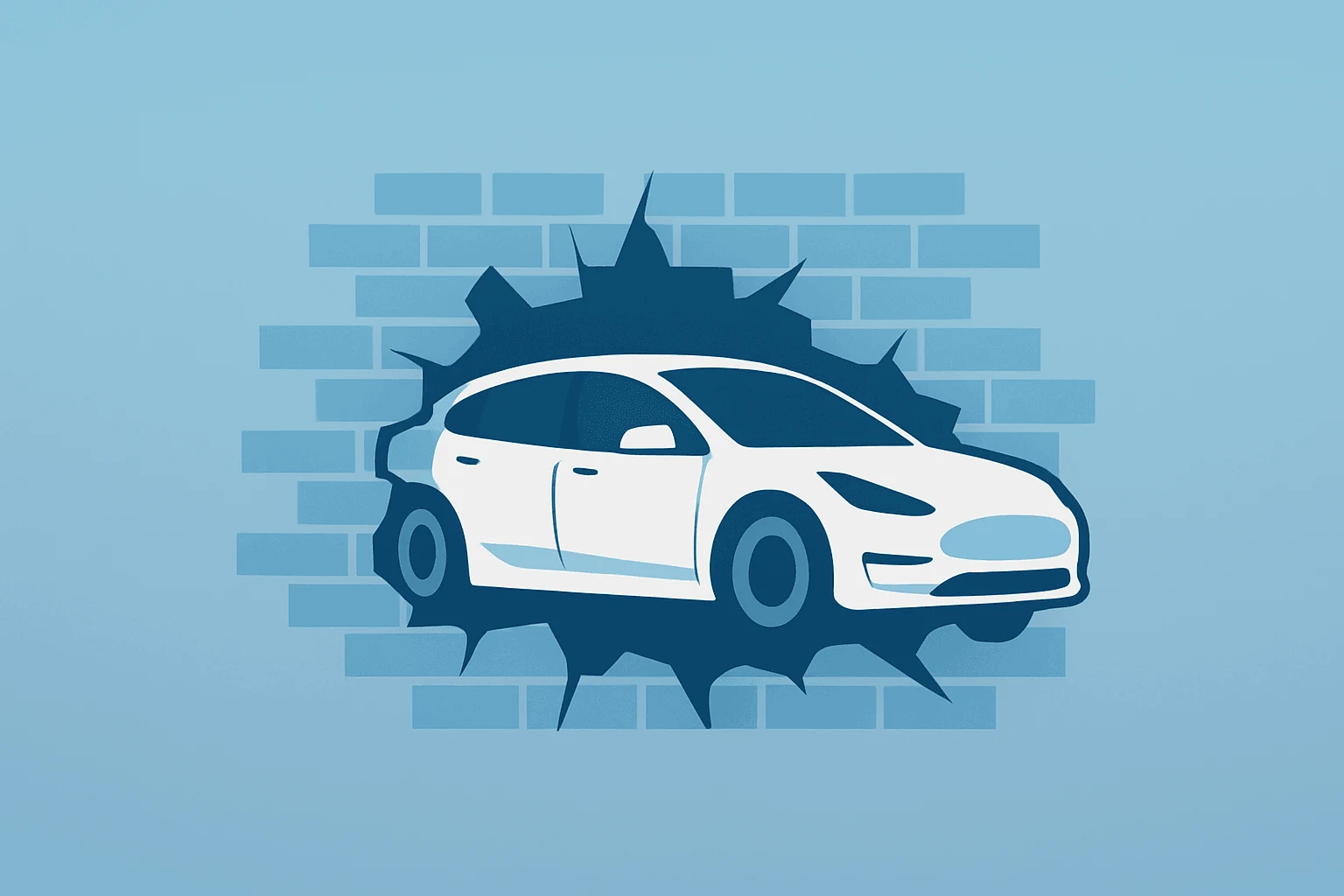 Flat vector of an electric sedan with a fractured front and a crumbled brick facade, evoking the NHTSA Tesla Autopilot Probe.