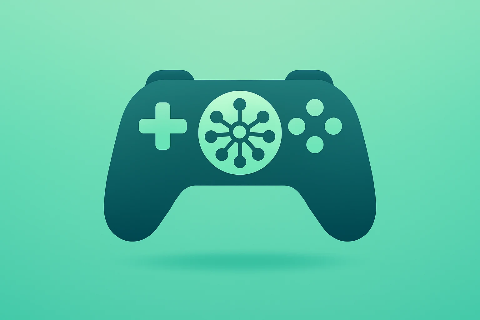 Flat-vector game controller with neural core symbolizing AI-driven advertising and gaming for Tencent Q3 2025 results.
