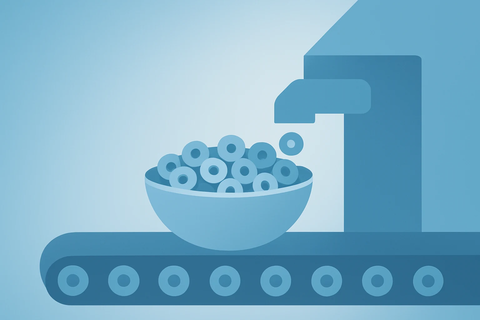 Flat vector cereal bowl on a dimmed factory line symbolizing General Mills Q3 earnings miss and reaffirmed outlook.