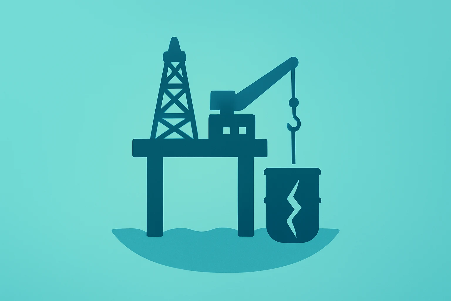 Centered flat vector of an oil platform with fractured shell evoking Exxon Mobil Venezuela policy risk and blocked reentry.