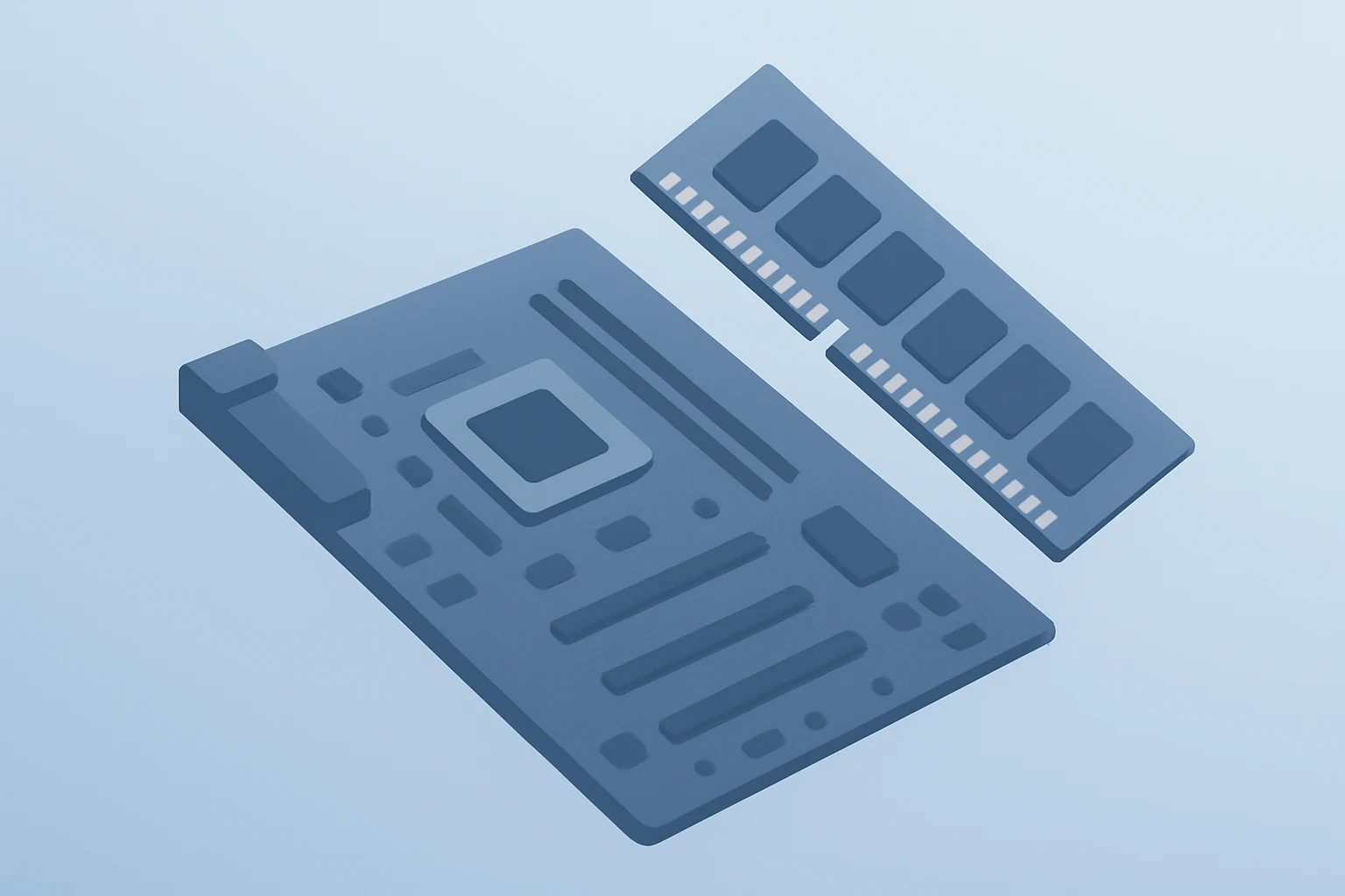 Flat vector PC motherboard bowed by a rising memory chip to show HP Q1 earnings pressure from memory costs and trade rules.
