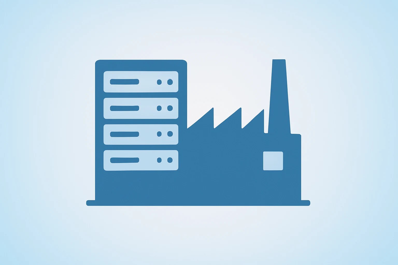 Flat filled vector of a server rack expanding into a factory to illustrate Nvidia Invests in CoreWeave and compute scale.