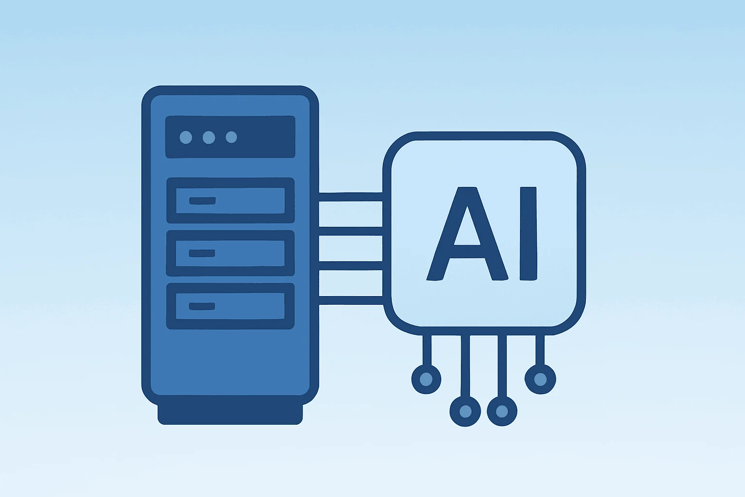 Flat vector of a server rack merged with a stacked AI chip to symbolize Amazon India investment expanding AWS capacity.
