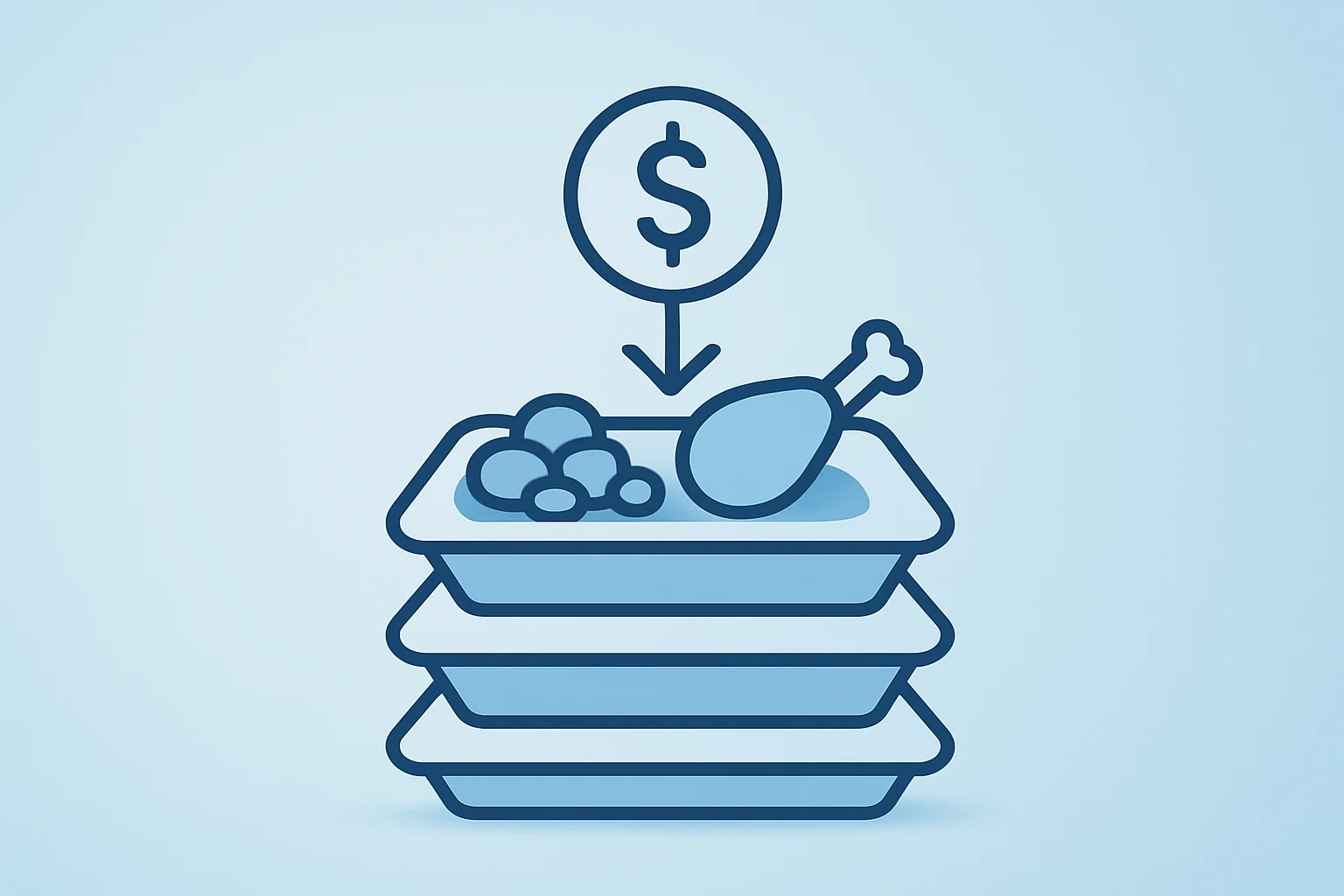 Flat filled vector of a stacked meal tray fused with a rising menu token highlighting McDonald's earnings momentum.