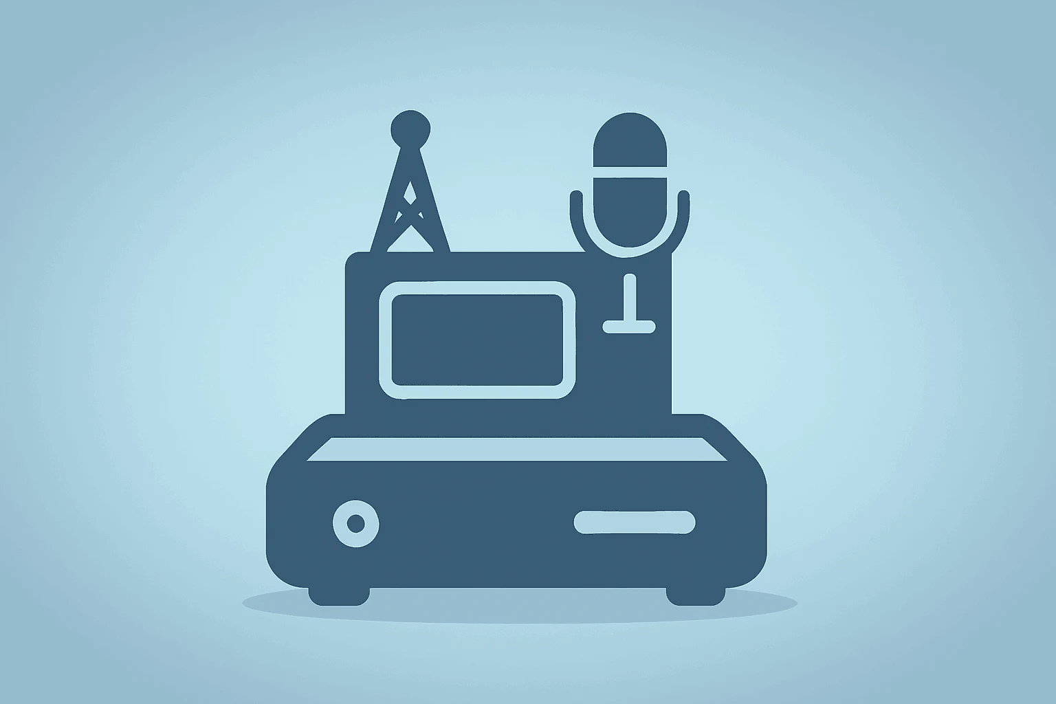 Centered flat vector of a streaming device fused with a broadcast studio roofline, evoking Fox to acquire Roku and synergies.