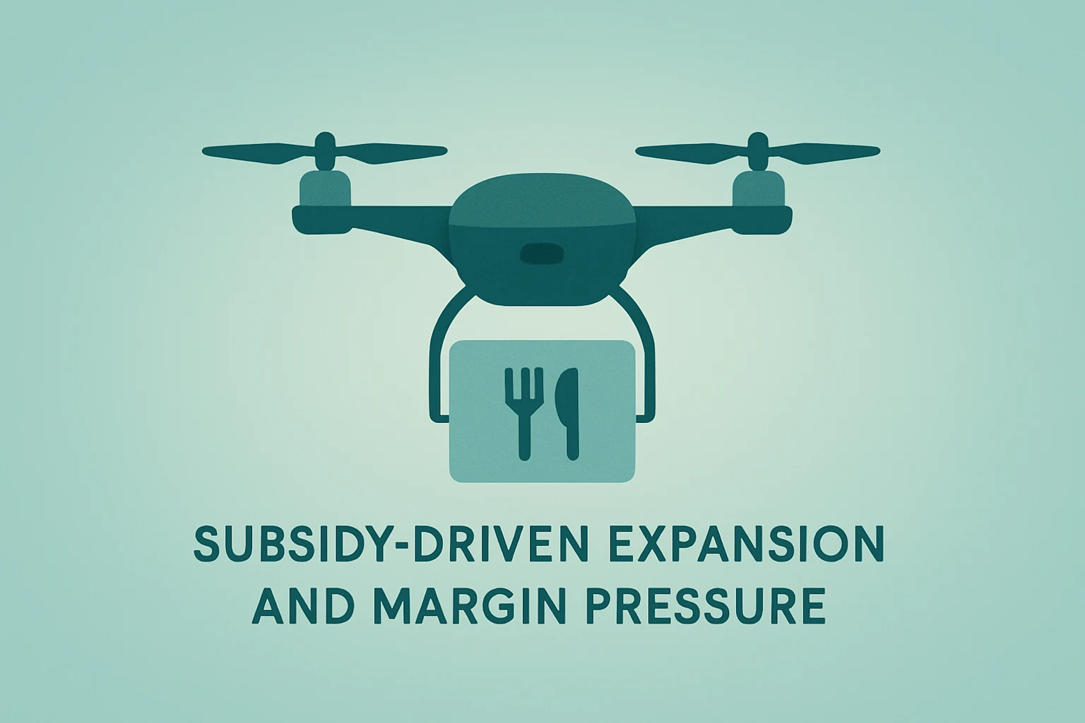 Flat vector of a food-delivery drone above a dim satchel symbolizing JD.com Q4 2025 results and subsidy-driven margin strain.