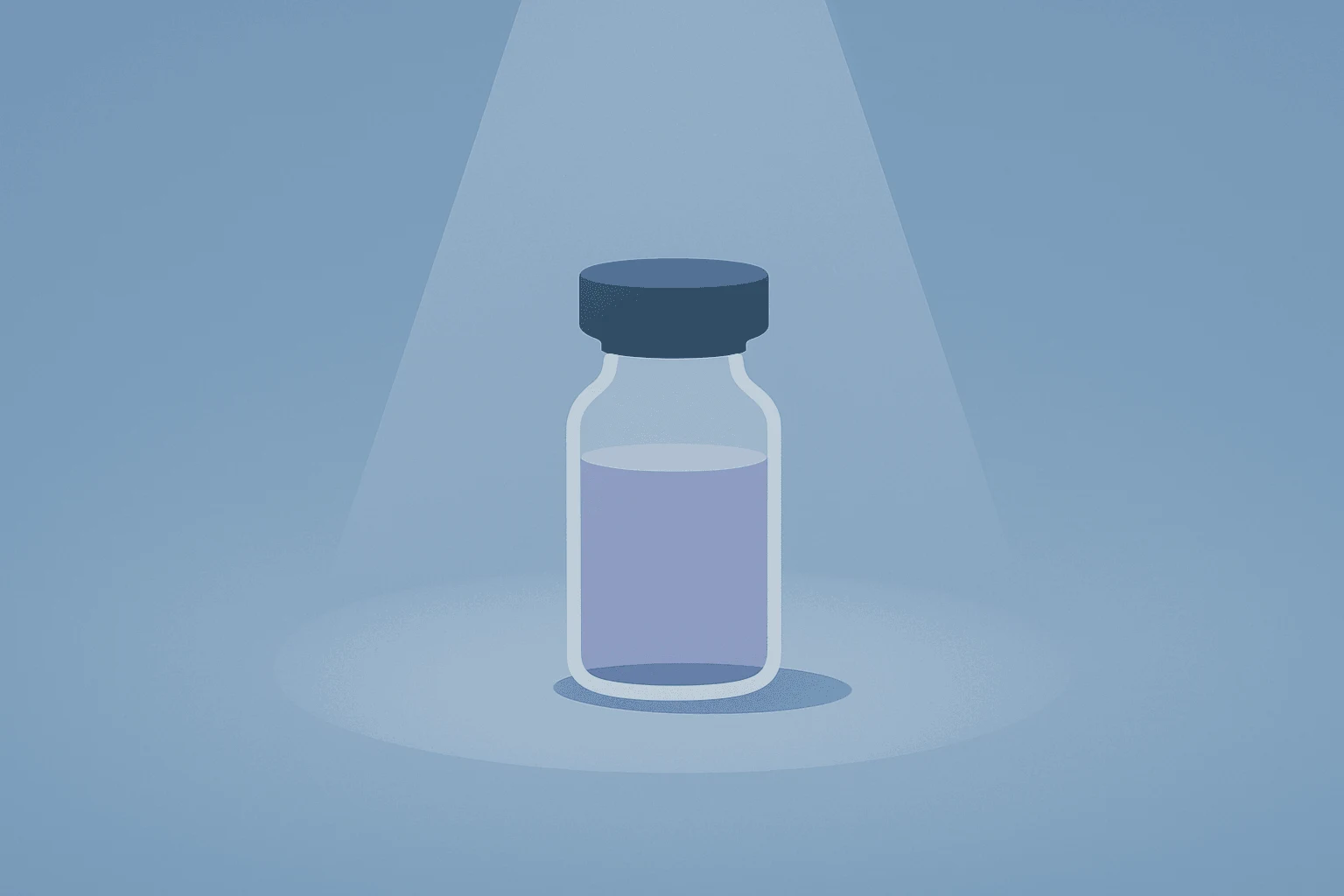 Flat vector of a drug vial with dimmed spotlight symbolizing Regeneron fianlimab trial setback and shifting pipeline focus.