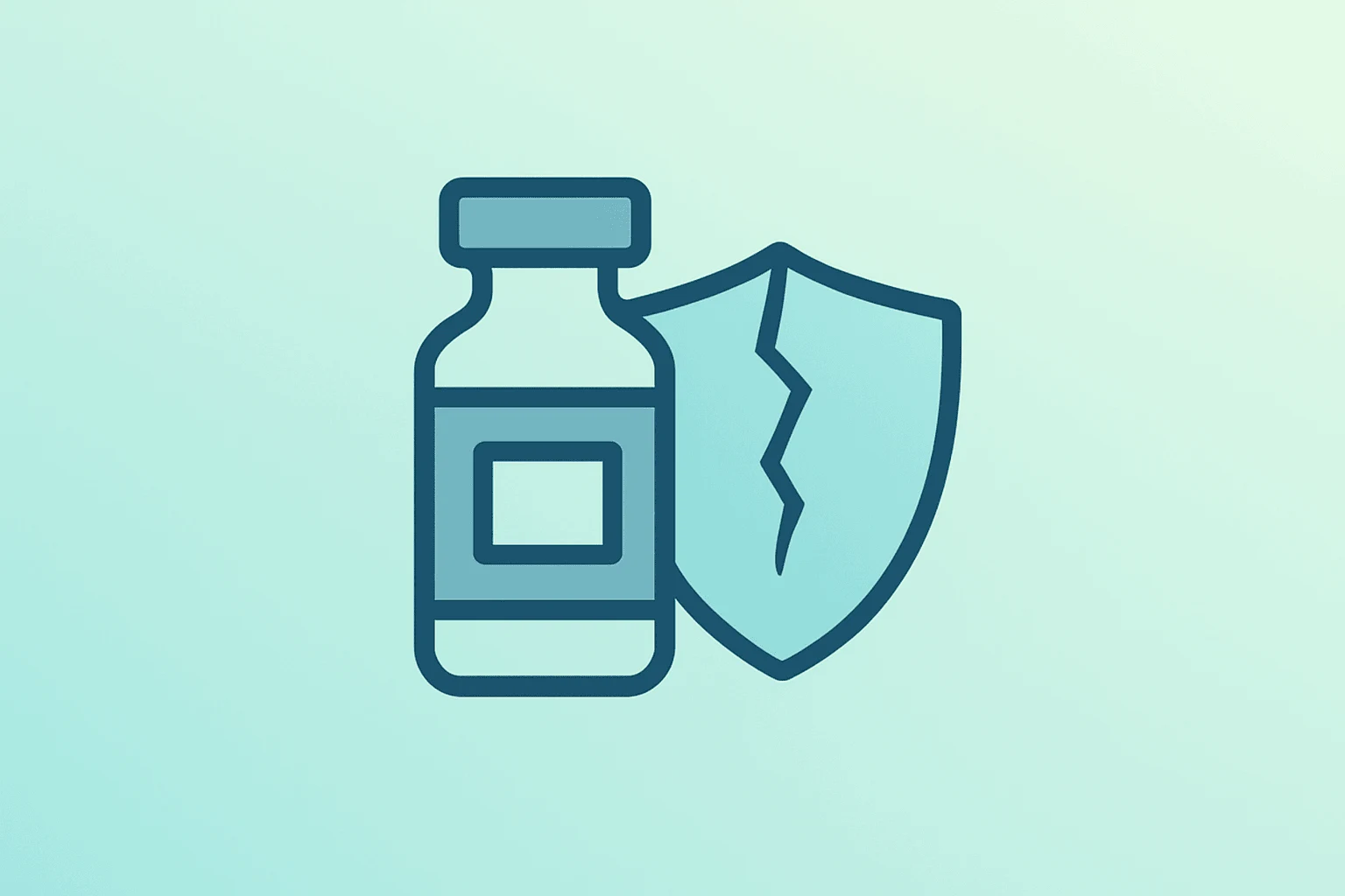Flat vector pharmaceutical vial fused with fractured shield to symbolize Moderna Q1 2026 results and litigation charge.