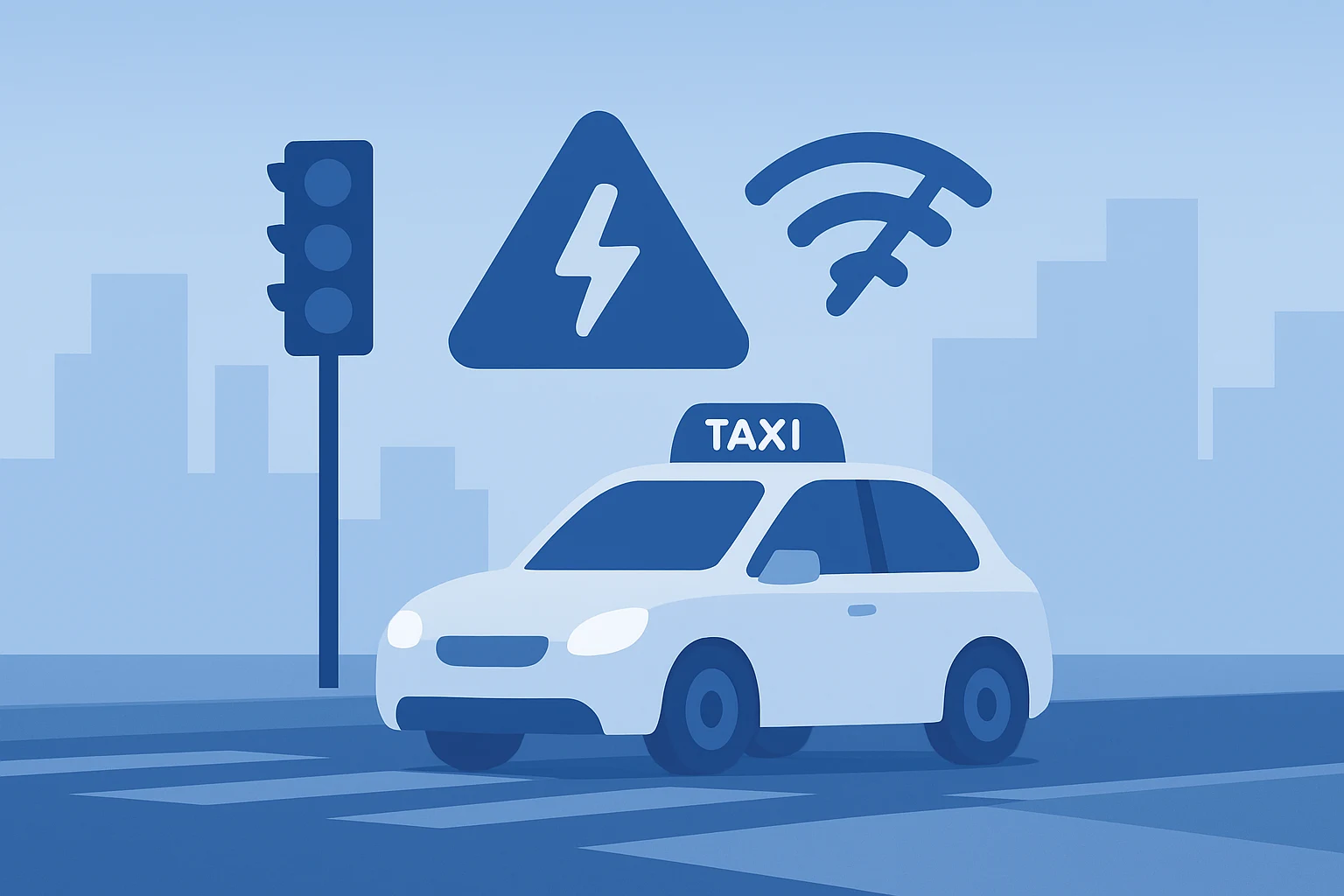 Flat filled vector showing a stalled robotaxi blocking an intersection, evoking the Waymo San Francisco outage and 5G loss.