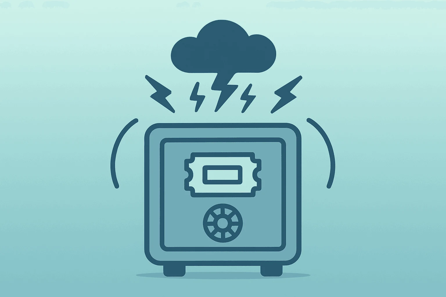 Flat filled vector of a ticket vault straining under load representing StubHub Q2 2026 earnings with subtle shadow lift
