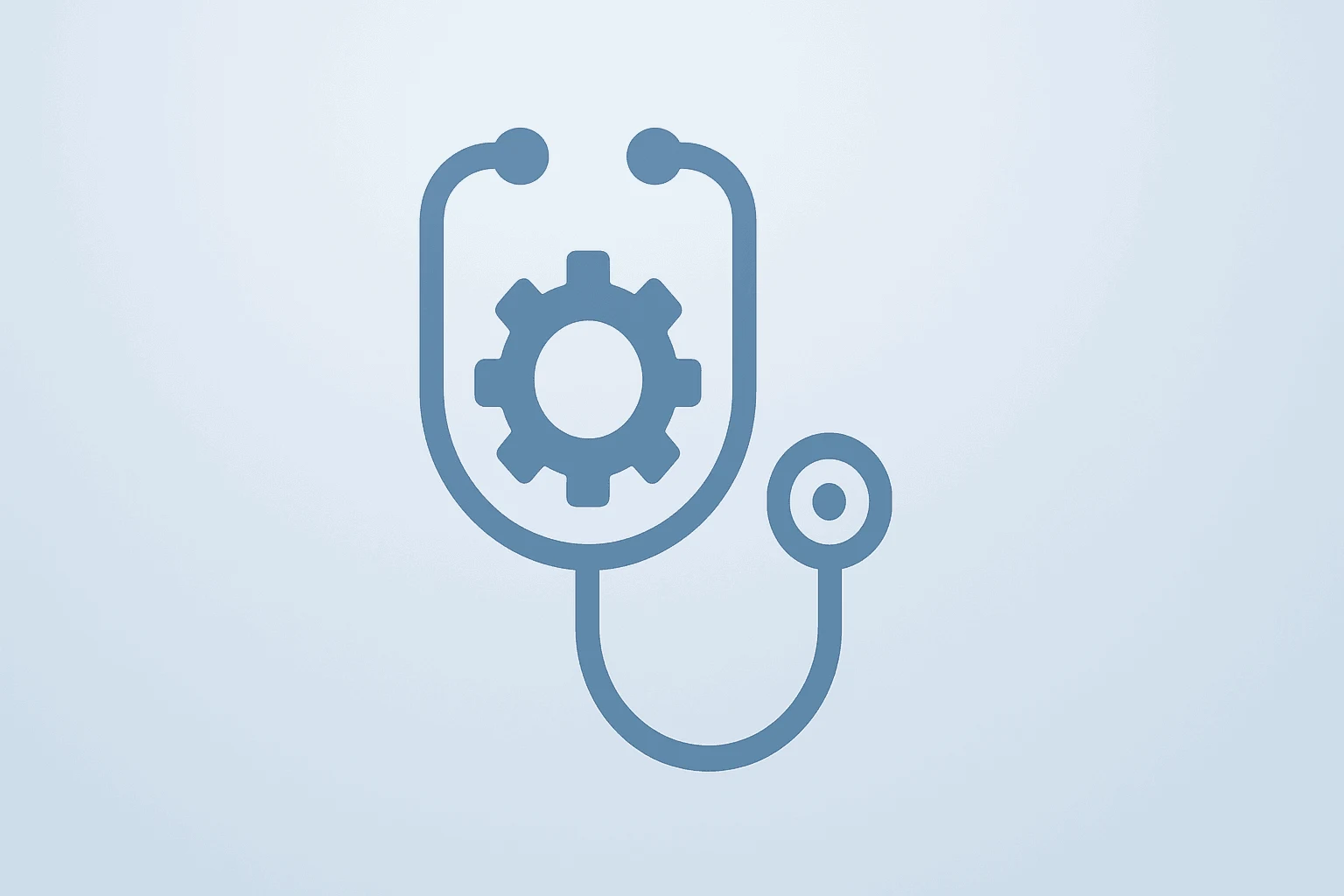 Stethoscope fused with gear on slate-ice gradient symbolizing Optum gains and cost control for UnitedHealth earnings.
