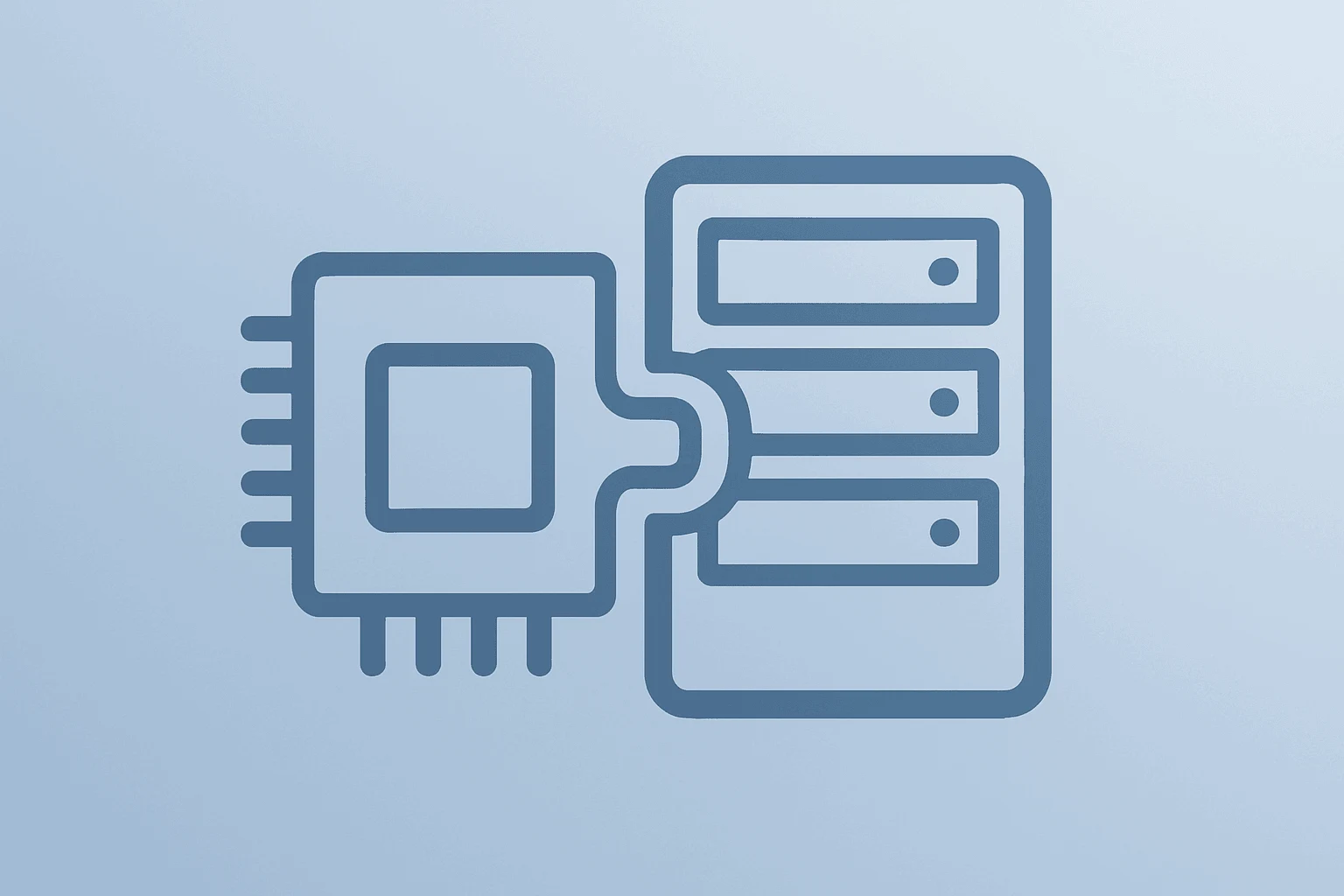 Flat vector chip merging with a server module on a smooth slate-ice gradient, evoking Micron stock and AI memory demand.