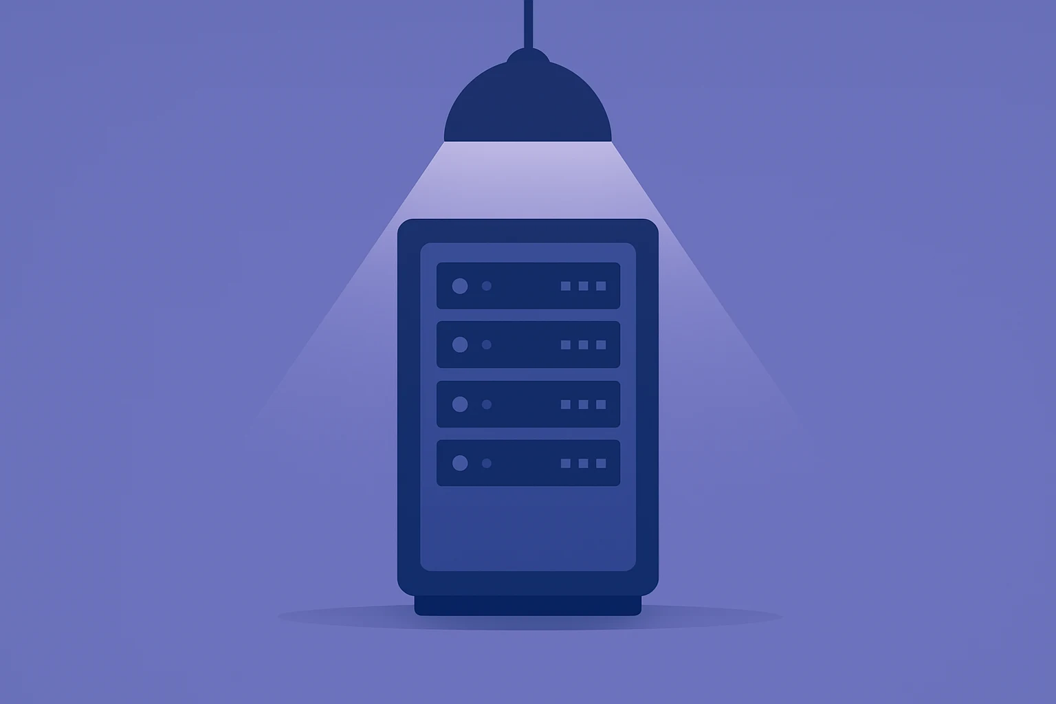 Flat vector server rack under dim light evoking Oracle Q2 earnings leverage risk and AI backlog with subtle shadow.