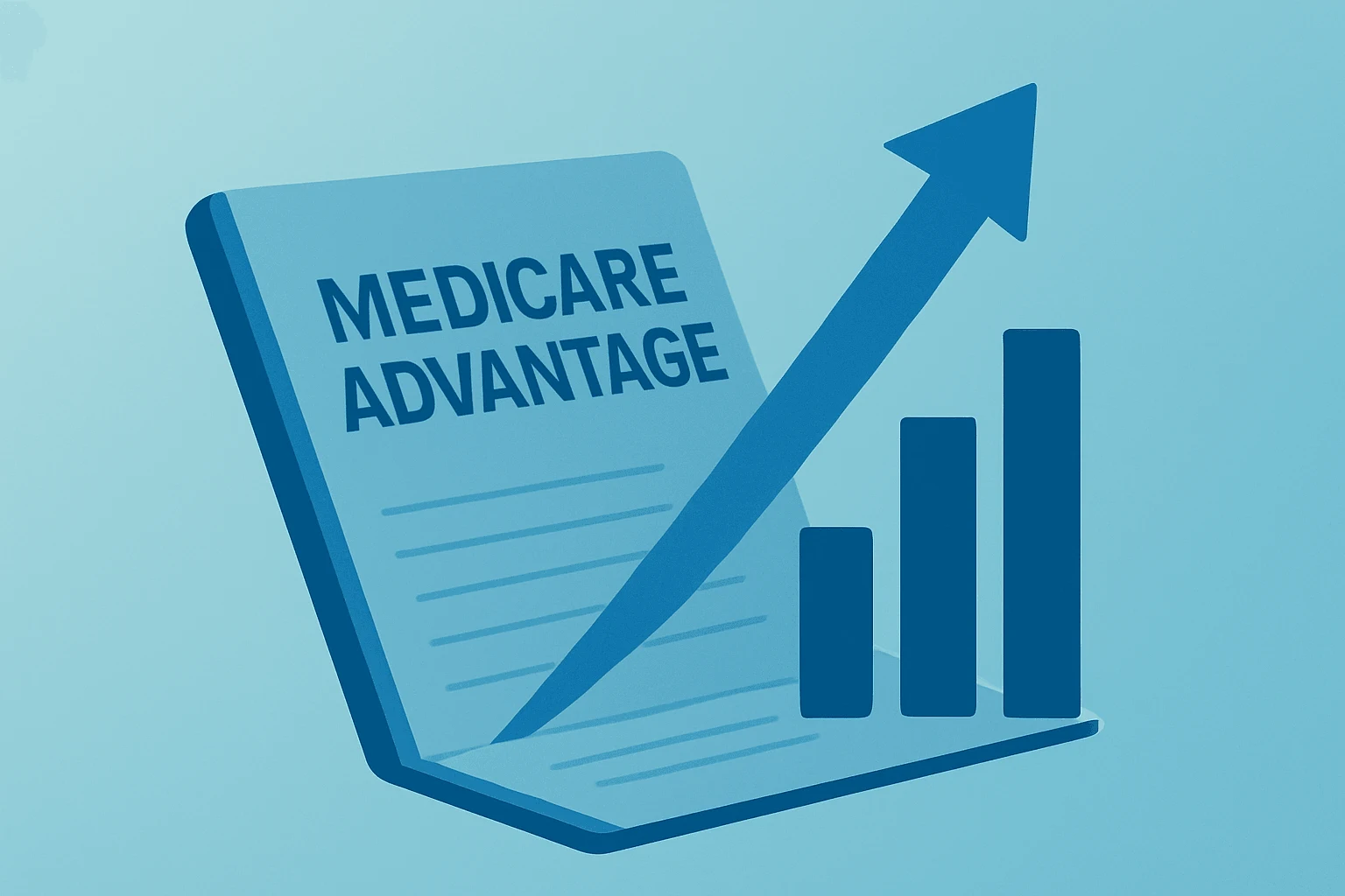 Flat filled vector of a health-plan ledger expanding to signal Medicare Advantage rates 2027 payment lift with subtle shadow.