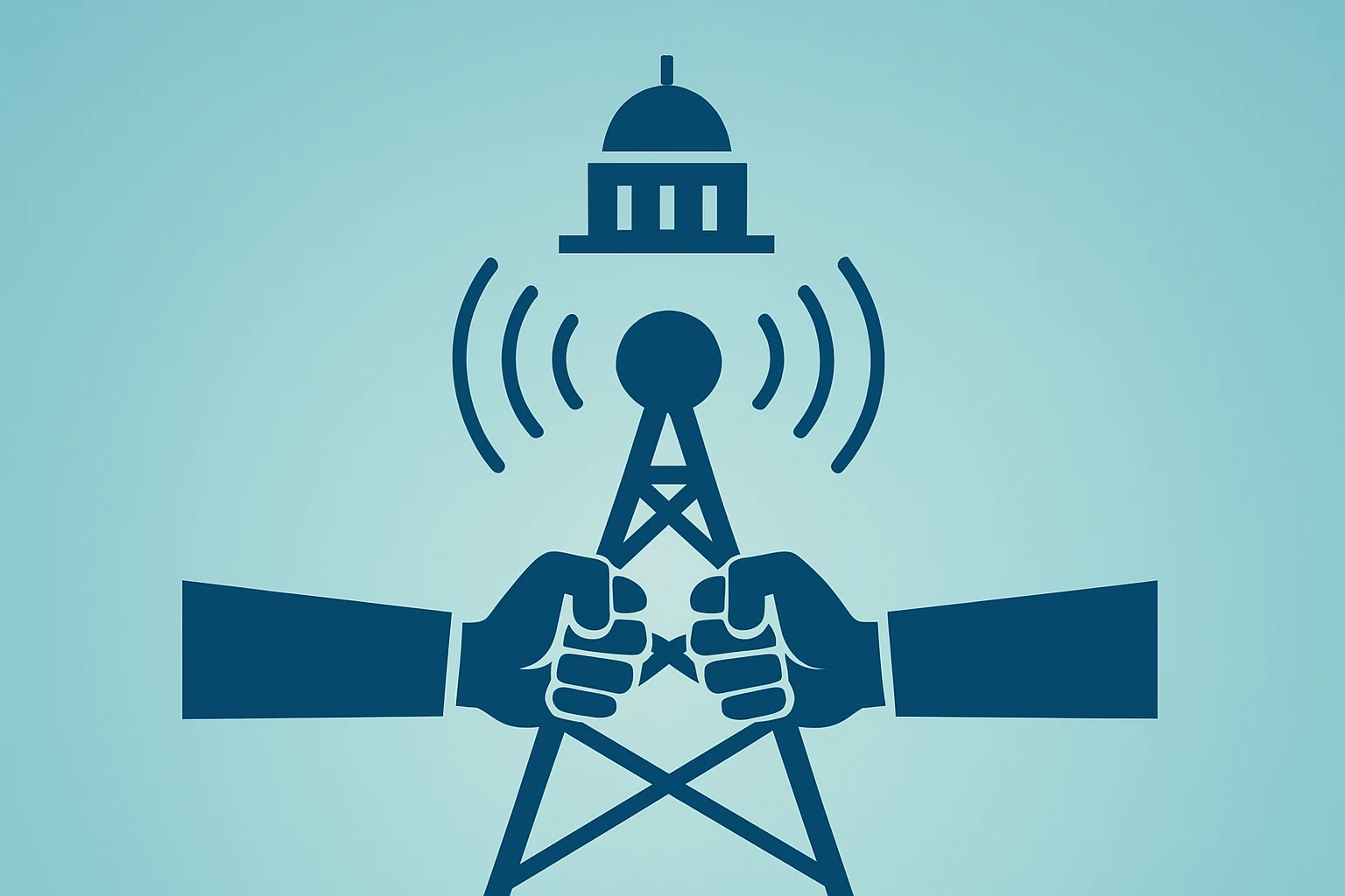 Flat filled vector of a dimmed broadcast tower symbolizing the Warner Bros. Discovery CNN sale and regulatory strain.