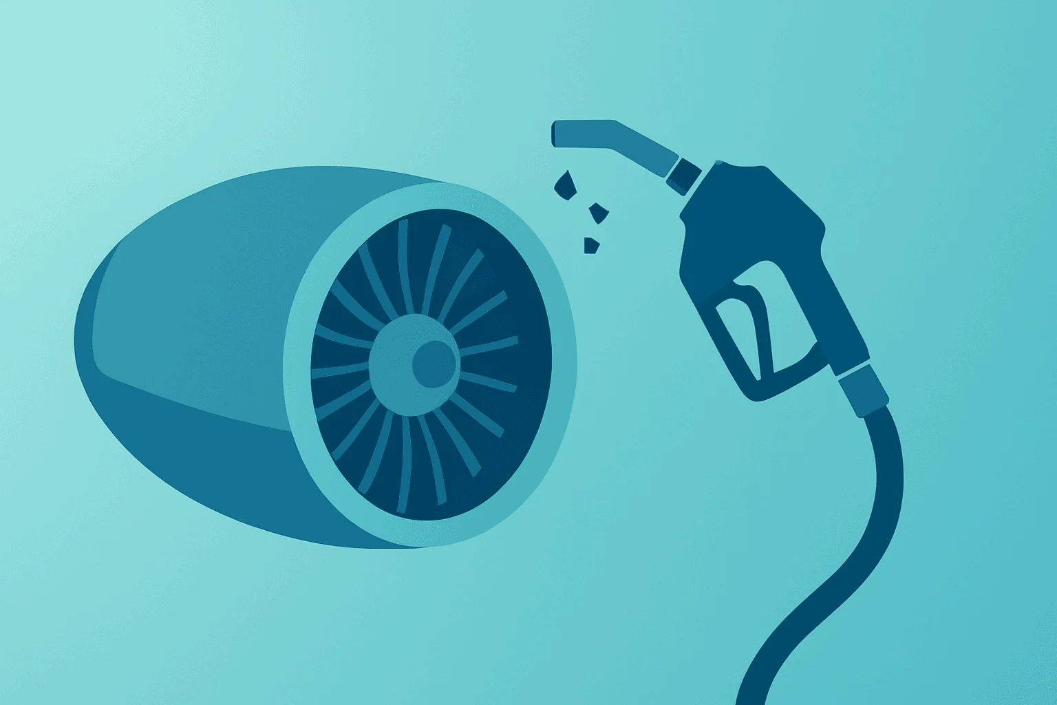 Flat filled vector of a jet engine fused with a fractured fuel nozzle, highlighting Alaska Air Q2 results and fuel shock