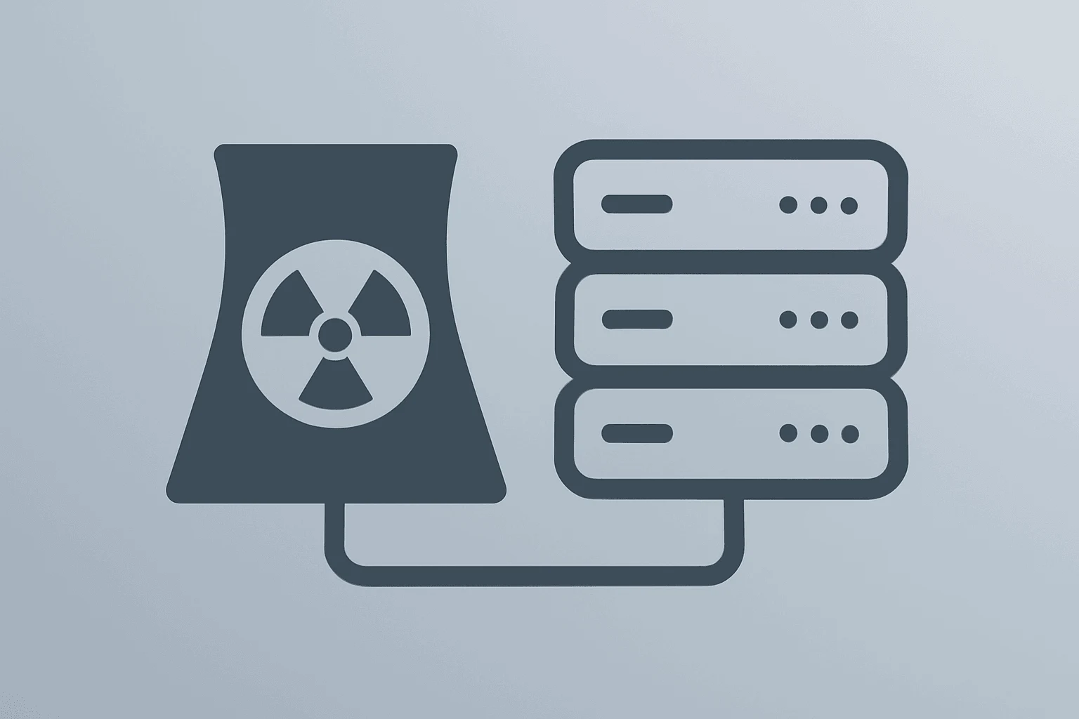 Flat vector of a fast reactor linked to a compute rack symbolizing the Oklo NVIDIA partnership and nuclear AI research.