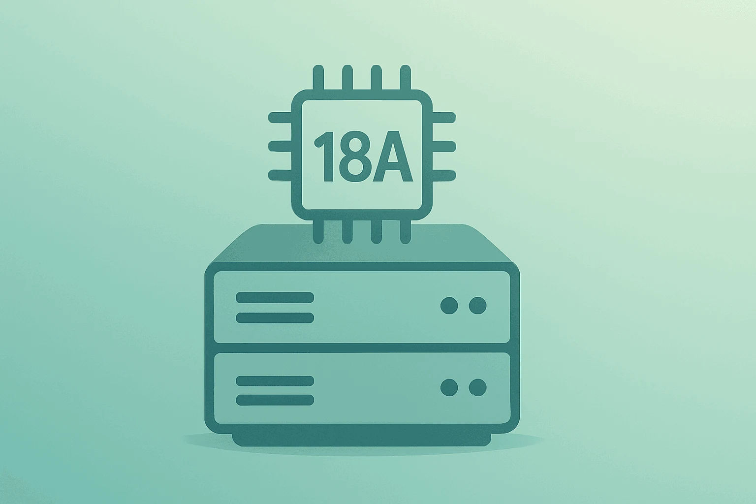 Flat vector server with a stylized 18A chip suggesting foundry progress and AI demand ahead of Intel Q2 2026 earnings
