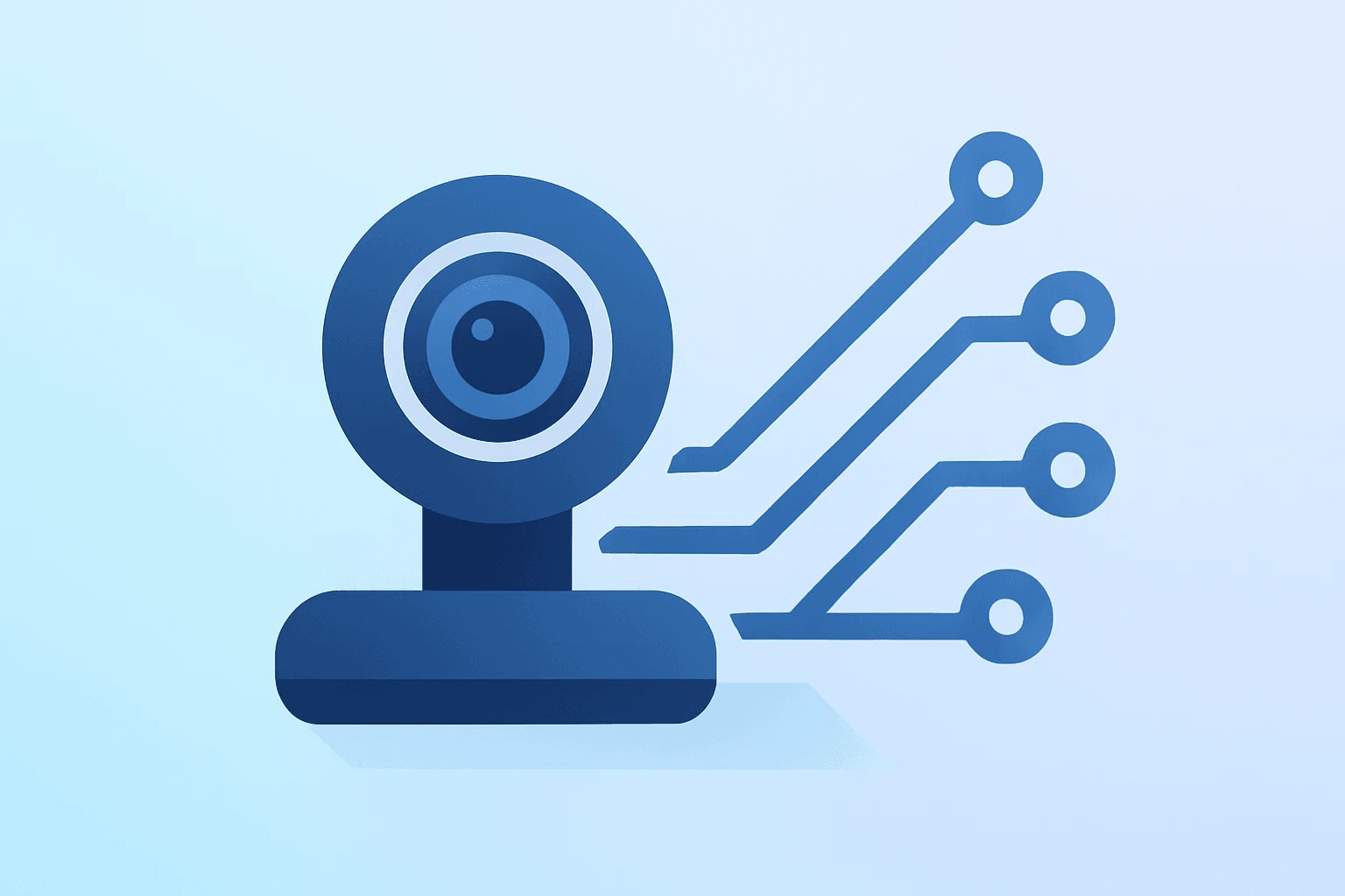 Flat filled vector of a camera fused with an expanding circuit symbolizing Zoom earnings and AI-driven enterprise growth.
