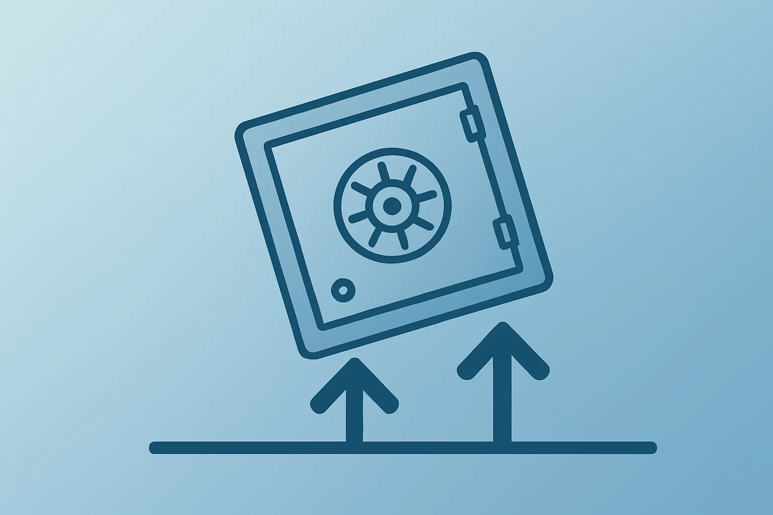Minimal flat vector of a bank vault lifting above a threshold to symbolize UniCredit takeover bid Commerzbank exchange offer.